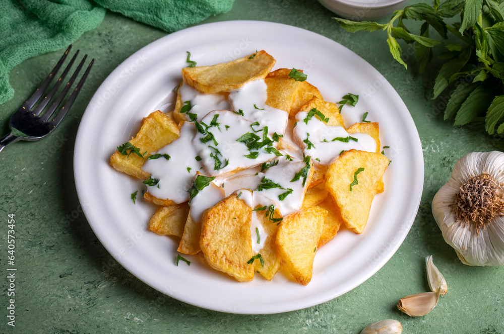 Traditional delicious Turkish foods, fried potatoes with yoghurt (Turkish name; Yogurt soslu patates kizartmasi)