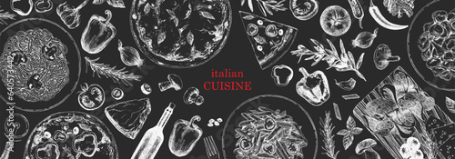 Traditional Italian cuisine. Hand-drawn illustration of Italian traditional dishes and products. Ink. Vector	