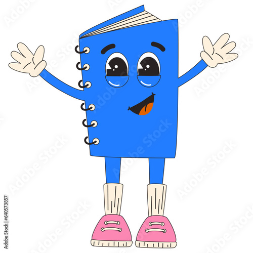 Notebook groovy character. Back to school. Knapsack. Funny school supplies. vector illustration in contour flat retro classic cartoon style of 60s 70s.