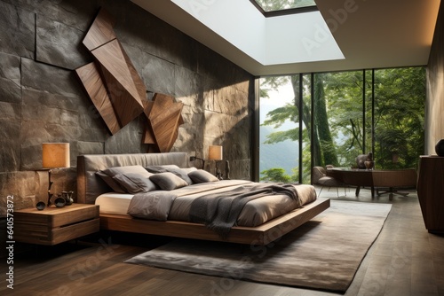 Interior of a modern luxury bedroom with tropical luxurious view. Warm sunlight and luxurious furniture and finishes..