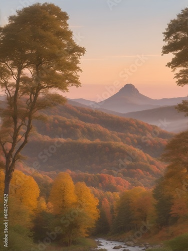 Mountain landscape. Towering peaks, resplendent in warm beige hues, rise majestically against a sky. Verdant trees dressed in autumn's palette add a touch of seasonal charm. AI Generated