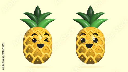 3D Realistic Digital Illustration of Pineapple cartoon character. Concept art of a happy Pineapple smiley face icon. Healthy food emoji of Pineapple. Fresh ripe Pineapple Fruit.