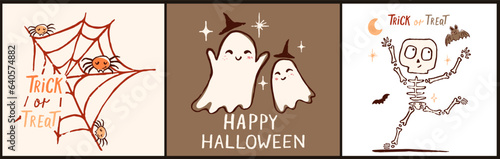 Vector set of Halloween party invitations, poster design for greeting cards. Set with happy skeleton, cute ghosts, bats, web with spiders.