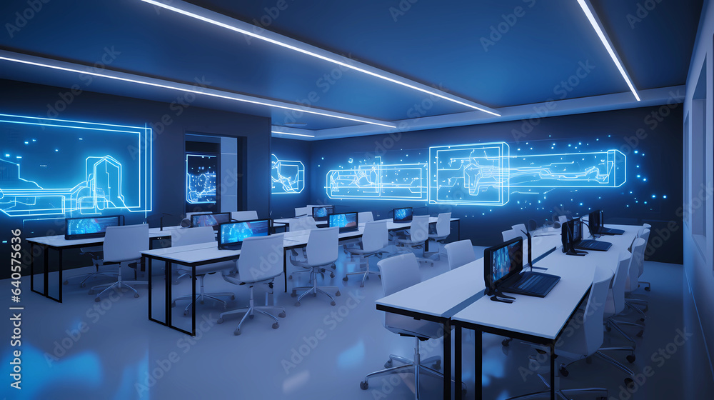 Dive into a spacious technology school classroom dedicated to quantum computing. Gleaming silver quantum machines, situated at the back, emit a soft blue glow. Students, engrossed in their work, tap a