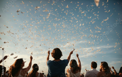 Guests release paper bats into the sky with wishes written on them photo