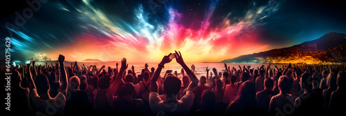 a young man raises his arms for photos of concert at night, in the style of poster, vibrant atmospheres, award-winning, emotional and intense, outrun, shaped canvas, neue sachlichkeit photo