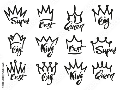 Crown graffiti logo. Monogram of royal crown with lettering typography, elegant monarch emblems design. Vector isolated set of crown king or queen graffiti illustration