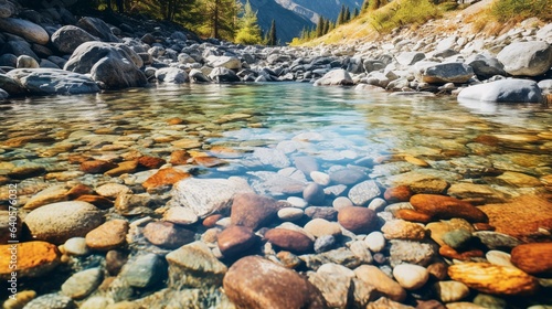 A rocky riverbed with crystal clear water flowing over smooth stones 