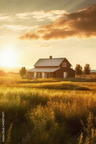 A rural farm at sunrise, with golden light streaming through the barn windows, illuminating the fields where animals graze peacefully