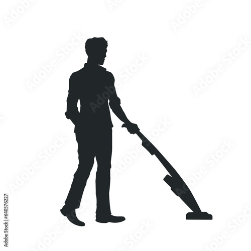 Man silhouette with vacuum cleaner. Isolated housework scene. Sweeper boy vacuuming floor