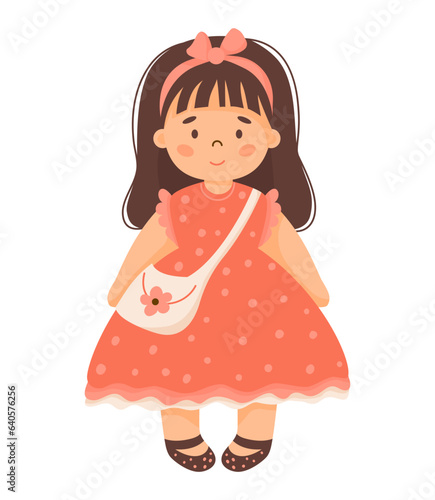 Cute doll. Children toy girl with long hair in red dress with handbag. Vector illustration in cartoon style. kids collection.