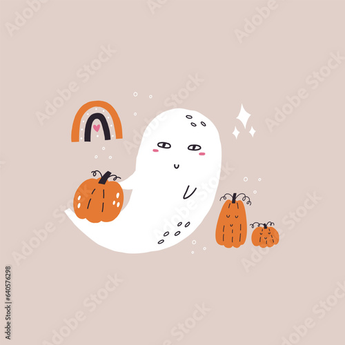 Ghost with pumpkins and rainbow. Boo spooky white character spirit holiday. Halloween vector hand drawn illustration