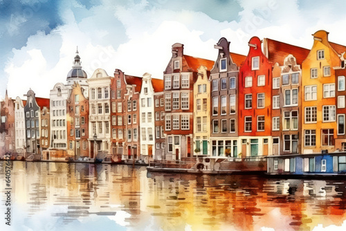 Watercolor Amsterdam: Dutch city illustration, travel vibe.