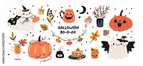 Halloween illustration of cozy design elements. Set of cute gnosts, fall leaves, mushrooms, cup, halloween, pumpkins, cakes, candles, tea cups. Vector hand drawn collection isolated white background