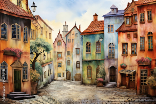 Europe city, colorful houses, trees, lanterns. Watercolor seamless design: decor, banners, postcards, souvenirs, objects, wallpaper, fabric. © Ai Studio