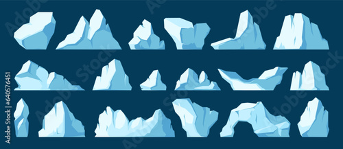 Iceberg collection. Cartoon melting iceberg floating in ocean, frozen polar glacier fragment, winter ice peak. Vector isolated set of iceberg winter environment illustration