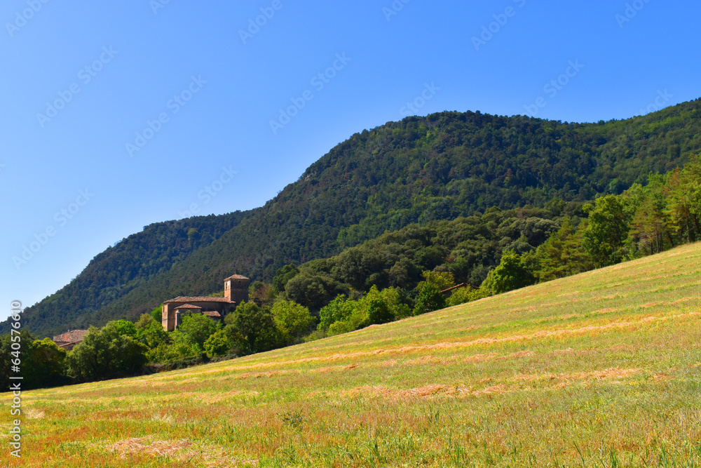 Landscape with the church of Caranca. Valdegovia. Basque Country. Spain
