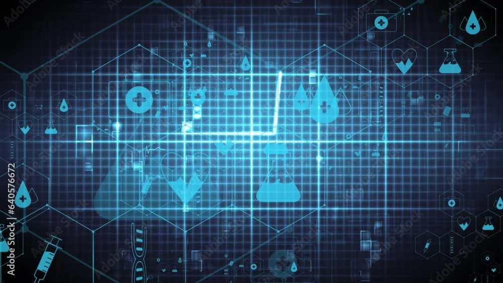 Animation of grid on medical icons and data processing on black background Animation of grid on medical icons and data processing on black background