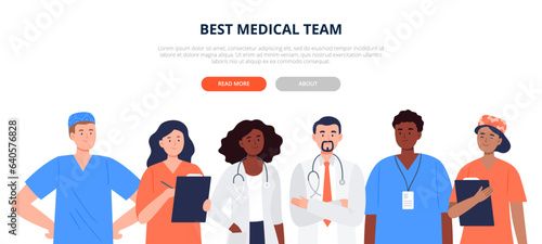 Banner with a multicultural group of medics. Doctor, nurse, therapist, surgeon, professional hospital workers. Best medical team concept. Flat design characters.