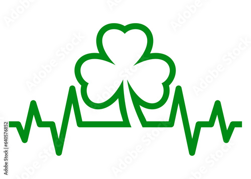 Día de San Patricio. Logo con silueta de shamrock de 3 hojas con línea de pulso	