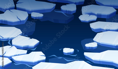 Ice floating on surface. Frame of blue icebergs floating on ocean water, polar glacier and cold water cracked ice in frozen water. Vector illustration of landscape ice and snow, iceberg and glacier