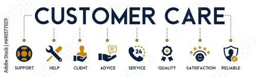 Customer care banner website icons vector illustration concept of telemarketing service and customer support with an icons of help, client, advice, service, quality, reliable on white background