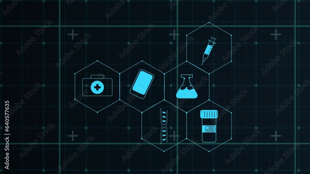 Animation of grid with medical icons and data processing on black background Animation of grid with medical icons and data processing on black background