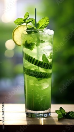 a tall, slender glass filled with a deep green drink, illuminated by natural sunlight. Freshly crushed cucumber, lime slices, and a sprig of mint decorate the drink's surface, hinting at its refreshin