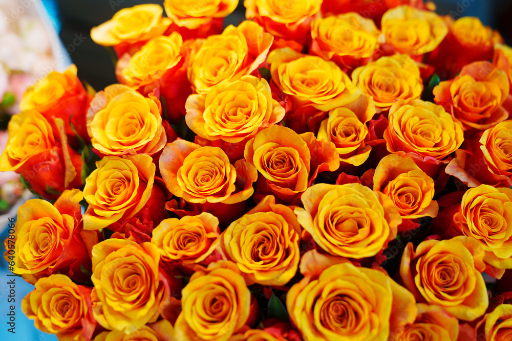 Large and beautiful bouquet of orange yellow roses. Large and beautiful bouquet of orange yellow roses.