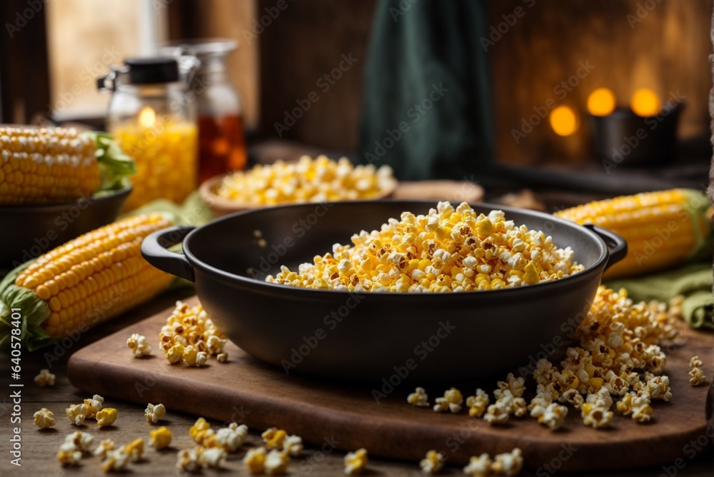 Popcorn in a bowl on a wooden background. Selective focus.
Popcorn in a bowl on a wooden background. Selective focus.