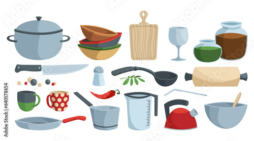 Kitchenware tools. Cartoon flat cooking utensils, spoon bowl pot skillet knife and saucepan, kitchen cooking instruments set. Vector flat collection of cooking kitchen illustration