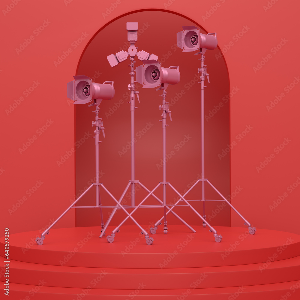 Obraz premium Abstract scene with photography studio flash on a lighting stand on monochrome