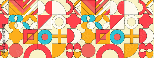Abstract Geometric Pattern Artwork. Retro colors and color background. Grid with colored geometric shapes. Modern abstract promotional flyer, background, brochure, pattern.