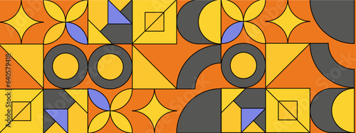 Abstract Geometric Pattern Artwork. Retro colors and color background. Grid with colored geometric shapes. Modern abstract promotional flyer, background, brochure, pattern.