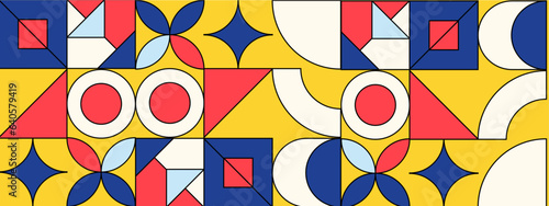 Abstract Geometric Pattern Artwork. Retro colors and color background. Grid with colored geometric shapes. Modern abstract promotional flyer, background, brochure, pattern.