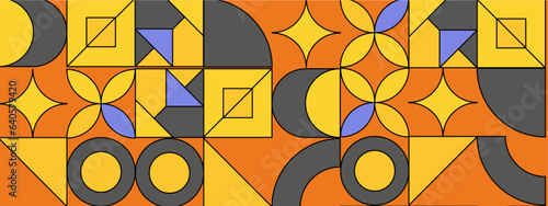 Abstract Geometric Pattern Artwork. Retro colors and color background. Grid with colored geometric shapes. Modern abstract promotional flyer, background, brochure, pattern.