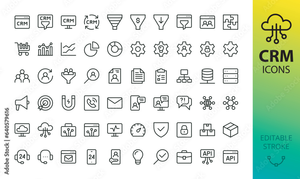 CRM isolated icons set. Customer relationship management software vector icons with editable stroke CRM isolated icons set. Customer relationship management software vector icons with editable stroke
