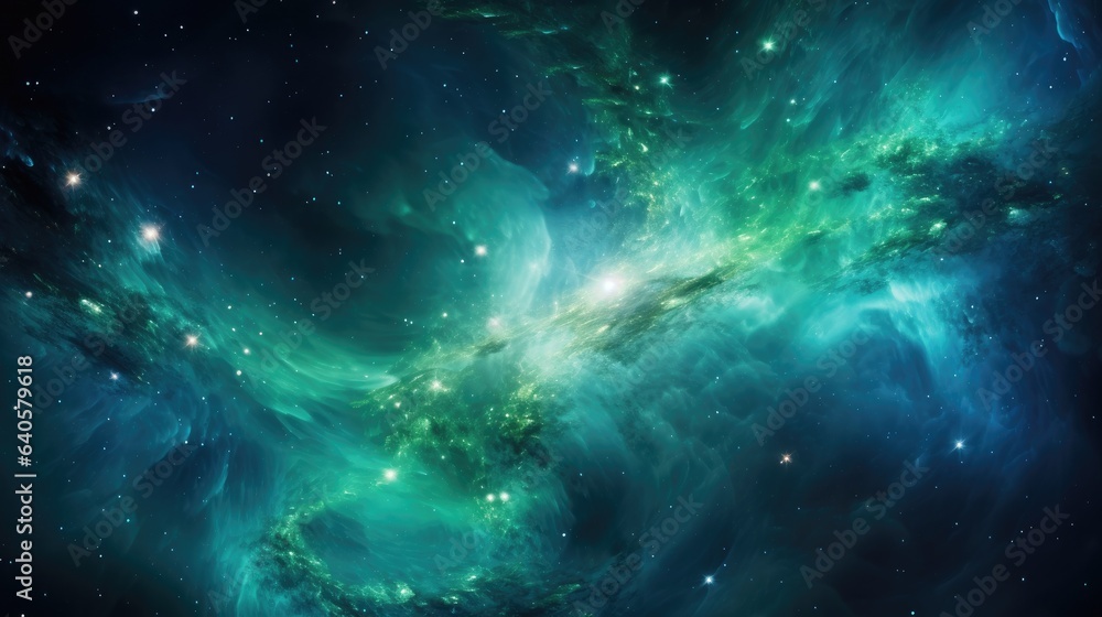 Background illustration concept art of a blue and green galactic nebula in space, beautiful stars at the night sky
