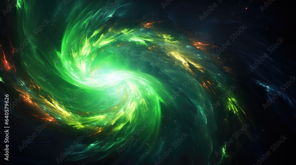 Background illustration concept art of a green spiral galactic nebula in space, beautiful stars at the night sky Background illustration concept art of a green spiral galactic nebula in space, beautiful stars at the night sky