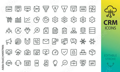 CRM isolated icons set. Customer relationship management software vector icons with editable stroke