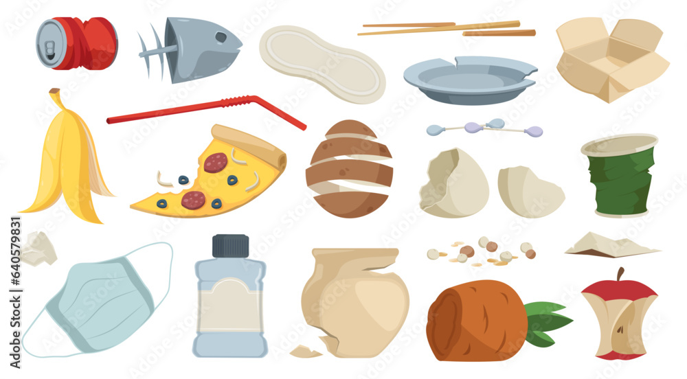 Garbage set. Doodle recycling waste plastic rubber, fase mask cardboard paper can brocken plate, recycling waste in different forms. Vector collection of environment garbage pollution illustration Garbage set. Doodle recycling waste plastic rubber, fase mask cardboard paper can brocken plate, recycling waste in different forms. Vector collection of environment garbage pollution illustration