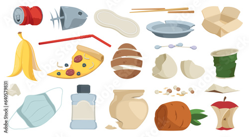 Garbage set. Doodle recycling waste plastic rubber, fase mask cardboard paper can brocken plate, recycling waste in different forms. Vector collection of environment garbage pollution illustration
