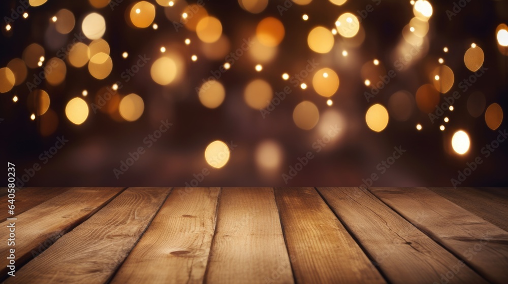 Wood Table Background with Holiday Lights and Copy Space Wood Table Background with Holiday Lights and Copy Space