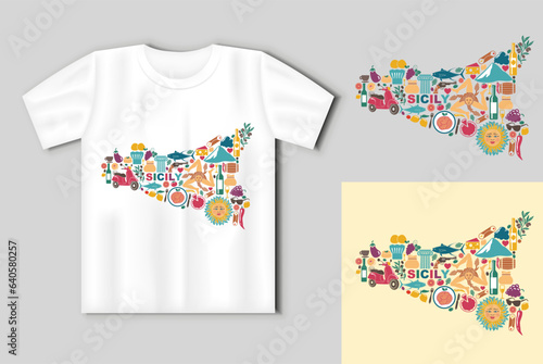 Stylized map of Sicily with traditional symbols. Travel concept with t-shirt mockup