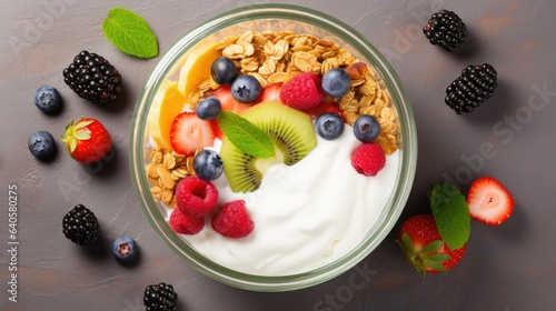  Yogurt with cereals and fruits. top view