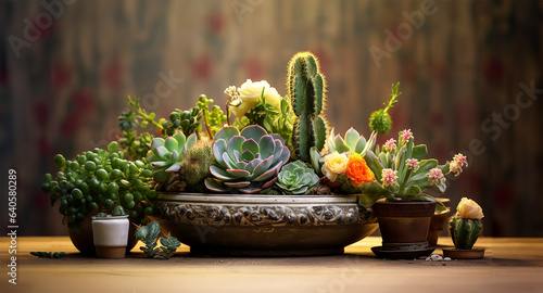 Succulent plants and cactus arranged in a pan