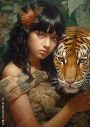 Portrait of beautiful girl with tiger.