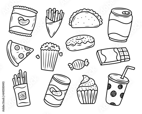 Set of snack vector illustrations in hand-drawn style isolated on white background. Snack doodle illustration