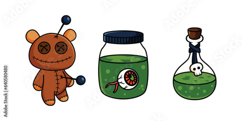illustration design of halloween elements voodoo doll, eye filled jar and potion bottle