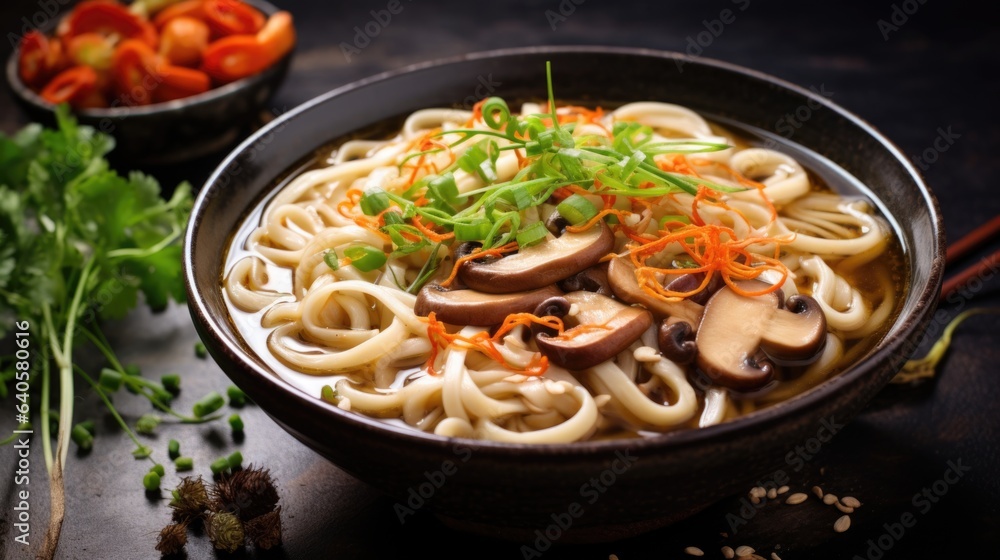 Traditional Japanese udon noodles with mushrooms, close-up on a stone background. Traditional Japanese udon noodles with mushrooms, close-up on a stone background.